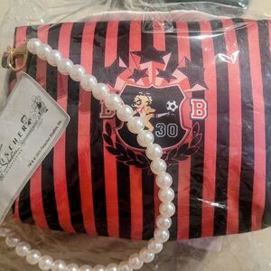 Striped Pink and Black Women's Bag with Pearl Handle